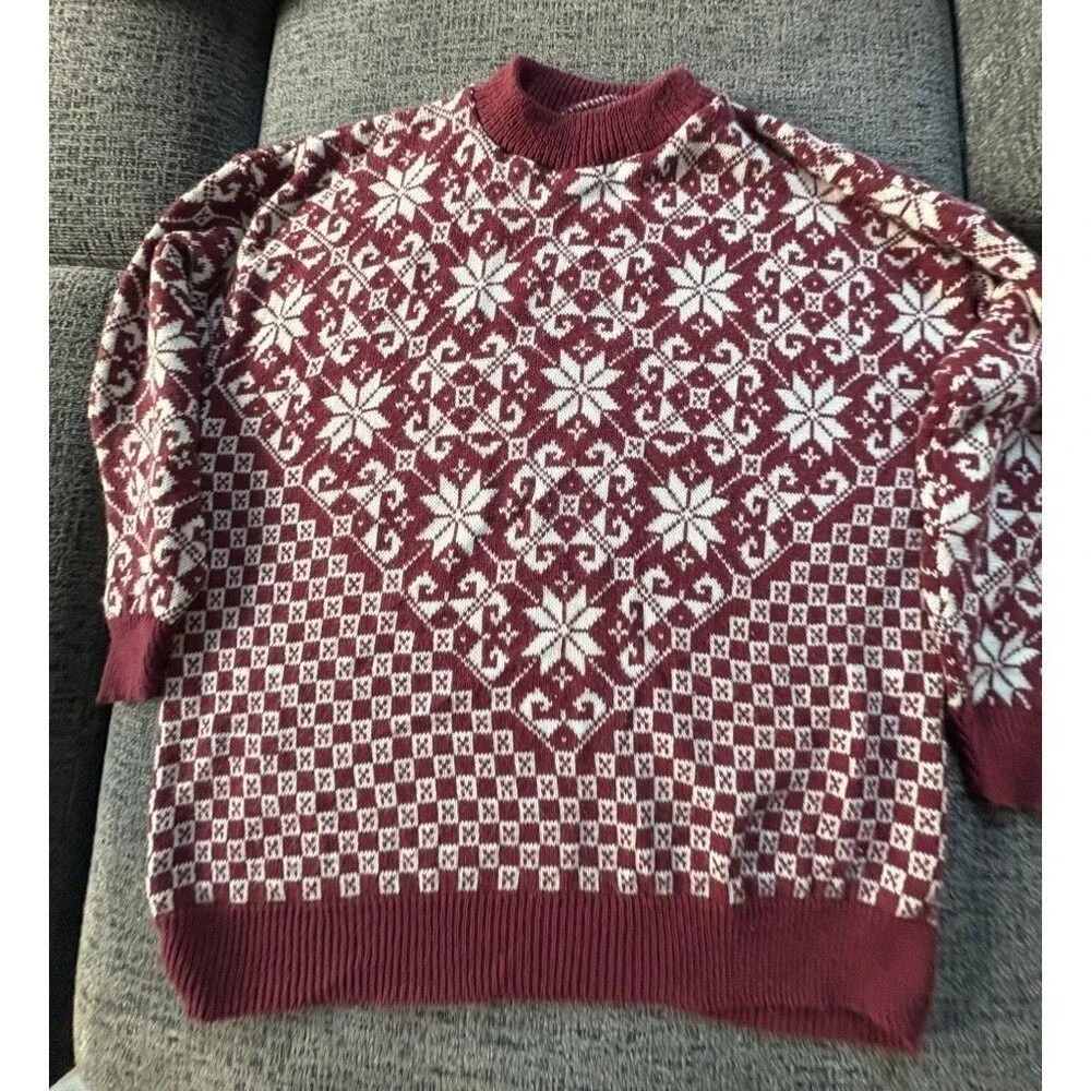 Vintage American Pride Burgundy Snowflake Fair Isle Sweater Womens 20W Made‎ USA